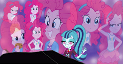 Size: 5778x3000 | Tagged: safe, editor:ktd1993, pinkie pie, sonata dusk, human, equestria girls, g4, blushing, cookie, female, food, headband, jack black, lesbian, musical instrument, peaches (song), piano, pinkie pie is not amused, ship:pinata, shipping, smiling, sultry pose, super mario bros., the super mario bros. movie, unamused