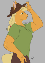 Size: 566x790 | Tagged: safe, artist:superduperath, applejack, earth pony, anthro, g4, applejacked, eyebrows, eyebrows visible through hair, female, lidded eyes, muscles, muscular female, smiling, solo