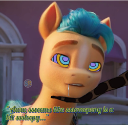 Size: 1080x1058 | Tagged: safe, artist:scornedremnant, edit, edited screencap, editor:scornedremnant, screencap, hitch trailblazer, earth pony, pony, g5, my little pony: a new generation, drool, hypno eyes, hypnosis, hypnotized, kaa, kaa eyes, looking pleasured, relaxed, relaxing, solo, text