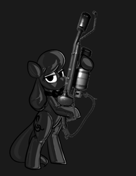 Size: 2550x3300 | Tagged: safe, artist:latexia, edit, editor:anonymous, octavia melody, earth pony, pony, g4, /mlp/ latex requests, bipedal, bondage, bow, bowtie, dark, encasement, flamethrower, gray background, grayscale, high res, hood, hoof hold, latex, latex suit, lidded eyes, monochrome, png, pyro (tf2), shitposting, simple background, solo, team fortress 2, weapon