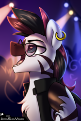 Size: 2000x3000 | Tagged: safe, artist:jedayskayvoker, oc, oc:rebell yell, bust, chest fluff, clothes, colored sketch, commission, ear piercing, eyebrows, glasses, high res, icon, male, piercing, portrait, punk, sketch, solo, stallion