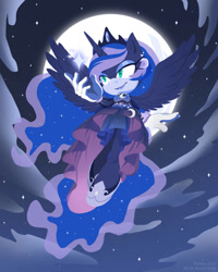 Size: 799x1000 | Tagged: safe, artist:kanayanga, princess luna, alicorn, anthro, g4, ear piercing, earring, flying, jewelry, moon, night, piercing, sonic the hedgehog (series), sonicified, spread wings, wings