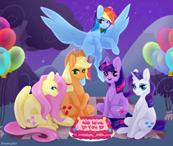 Size: 3000x2528 | Tagged: safe, alternate version, artist:dreamyrat, applejack, fluttershy, rainbow dash, rarity, twilight sparkle, earth pony, pegasus, pony, unicorn, g4, balloon, cake, evening, female, fireworks, food, hat, high res, horn, implied pinkie pie, looking at someone, mare, mountain, open mouth, open smile, party, picnic, picnic blanket, pie, shy, smiling, spread wings, stars, unicorn twilight, wings