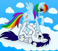 Size: 957x835 | Tagged: safe, artist:delphina34, rainbow dash, soarin', pegasus, pony, g4, cloud, female, male, mare, ship:soarindash, shipping, stallion, straight