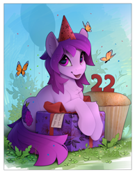 Size: 1910x2465 | Tagged: safe, artist:yakovlev-vad, oc, oc only, oc:share dast, butterfly, earth pony, pony, balloon, chest fluff, earth pony oc, female, hat, high res, looking right, mare, party hat, present, solo