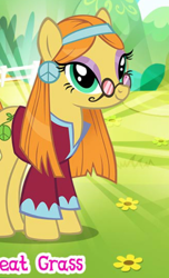 Size: 424x696 | Tagged: safe, gameloft, idw, wheat grass, earth pony, pony, g4, my little pony: magic princess, clothes, cropped, ear piercing, earring, english, female, glasses, headband, horses doing horse things, idw showified, implied marijuana, jewelry, mare, meme, mobile game, piercing, solo, text, wow! glimmer