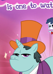 Size: 415x581 | Tagged: safe, gameloft, claude, pony, unicorn, g4, my little pony: magic princess, clothes, cropped, english, hat, horn, male, meme, mobile game, puppet, solo, stallion, text, top hat, wat, wow! glimmer
