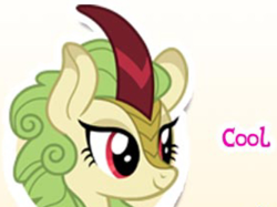 Size: 365x273 | Tagged: safe, gameloft, spring glow, kirin, g4, my little pony: magic princess, blurry, cool, cropped, english, female, horn, mare, meme, mobile game, needs more jpeg, reaction image, solo, text, wow! glimmer