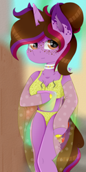 Size: 800x1600 | Tagged: safe, artist:kathepart, oc, oc:kathepaint, unicorn, semi-anthro, arm hooves, bikini, brown eyes, clothes, collar, female, freckles, solo, stain, swimsuit, tail