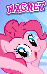 Size: 373x590 | Tagged: safe, gameloft, pinkie pie, earth pony, pony, g4, cropped, cute, diapinkes, english, female, looking at you, magnet, mare, meme, open mouth, open smile, smiling, solo, text, wow! glimmer