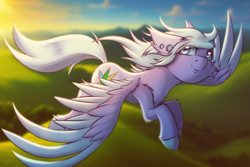 Size: 3000x2000 | Tagged: safe, artist:shad0w-galaxy, oc, oc only, oc:feather spread, pegasus, pony, chest fluff, ear fluff, flying, high res, hooves, male, patreon, patreon reward, smiling, solo, stallion, sunset, unshorn fetlocks