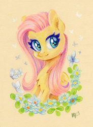 Size: 880x1200 | Tagged: safe, artist:maytee, fluttershy, butterfly, pegasus, pony, g4, bust, chest fluff, colored pencil drawing, flower, portrait, solo, traditional art