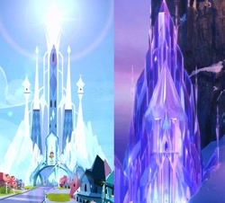 Size: 519x470 | Tagged: safe, g4, castle, comparison, cropped, crystal castle, crystal empire, disney, frozen (movie), ice, no pony, palace, side by side