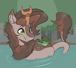 Size: 2552x2280 | Tagged: safe, artist:witchtaunter, oc, oc only, oc:polder everglade, frog, kirin, toad, beard, chest fluff, cute, ear fluff, facial hair, high res, kirin oc, male, ripple, smiling, solo, swamp, swimming, water