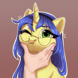 Size: 3000x3000 | Tagged: safe, artist:nika-rain, oc, oc only, oc:logical leap, pony, unicorn, commission, cute, cutie, female, glasses, hand, high res, round glasses, simple background, solo, squishy cheeks, ych sketch, your character here