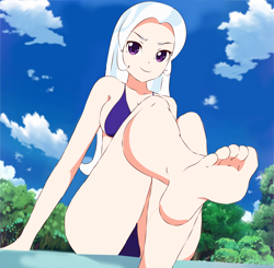 Size: 1650x1619 | Tagged: safe, alternate version, artist:blue-senpai, edit, editor:daichigatari, trixie, human, g4, barefoot, bikini, clothes, cloud, feet, female, fetish, foot fetish, foot focus, humanized, sky, smiling, smirk, soles, solo, swimsuit, tree