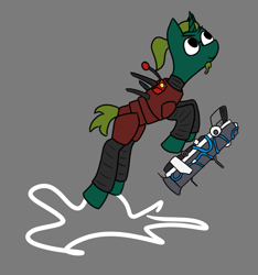 Size: 2025x2160 | Tagged: safe, artist:mrbrain, oc, oc only, pony, unicorn, armor, armored pony, crossover, deep rock galactic, engineer, gray background, green coat, green mane, green tail, grenade launcher, high res, jumping, simple background, tail, weapon