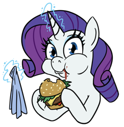 Size: 508x523 | Tagged: safe, artist:jargon scott, rarity, pony, unicorn, g4, burger, cheeseburger, eating, female, food, glowing, glowing horn, hamburger, hoof hold, horn, ketchup, levitation, looking at you, magic, mare, meat, napkin, ponies eating meat, puffy cheeks, sauce, simple background, solo, telekinesis, white background