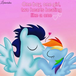 Size: 1400x1400 | Tagged: safe, artist:mlplary6, rainbow dash, soarin', pegasus, pony, g4, boyfriend and girlfriend, duo, eyes closed, female, holding hooves, kiss on the lips, kissing, love, male, mare, romantic, ship:soarindash, shipping, stallion, straight, text