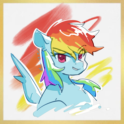 Size: 960x960 | Tagged: safe, artist:lendftcn, rainbow dash, pegasus, pony, g4, eyebrows, eyebrows visible through hair, faic, female, grin, looking at you, mare, simple background, smiling, smiling at you, smug, smugdash, solo, spread wings, white background, wings