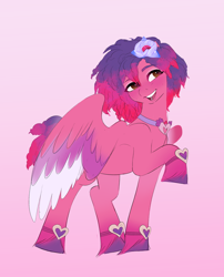 Size: 2050x2540 | Tagged: safe, artist:aztrial, ruby jubilee, pegasus, pony, bridlewoodstock (make your mark), g5, my little pony: make your mark, my little pony: make your mark chapter 4, spoiler:my little pony: make your mark chapter 4, spoiler:mymc04e01, anklet, bracelet, bridlewoodstock, choker, cute, female, flower, flower in hair, high res, jewelry, mare, markings, open mouth, raised hoof, solo, unshorn fetlocks