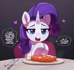 Size: 1200x1146 | Tagged: safe, artist:pabbley, rarity, pony, unicorn, g4, cute, darling, date, dialogue, female, food, fork, heart, implied anon, implied human, knife, looking at you, meat, offscreen character, open mouth, open smile, plate, ponies eating meat, pov, smiling, smiling at you, solo, speech bubble, steak, text
