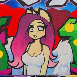 Size: 967x967 | Tagged: safe, artist:katputze, oc, oc only, oc:crimson sunset, unicorn, anthro, angelic wings, breasts, busty oc, cleavage, female, graffiti, mare, not fluttershy, solo, traditional art, wings