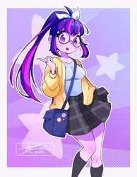 Size: 1593x2048 | Tagged: safe, artist:mindlessnik, sci-twi, twilight sparkle, human, equestria girls, g4, abstract background, adorkable, alternate hairstyle, breasts, busty twilight sparkle, clothes, cute, dork, female, glasses, looking at you, meganekko, open mouth, passepartout, plaid skirt, ponytail, princess celestia's cutie mark, princess luna's cutie mark, round glasses, signature, skirt, socks, solo, teeth, twilight sparkle's cutie mark