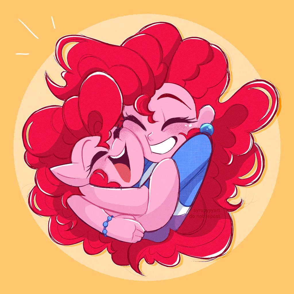 [blushing,bracelet,clothes,cute,duality,duo,earring,earth pony,equestria girls,eyes closed,female,grin,hug,human,human ponidox,jewelry,mare,open mouth,piercing,pinkie pie,pony,safe,self ponidox,shirt,ear piercing,diapinkes,smiling,self paradox,open smile,hugging a pony,artist:syrupyyy]