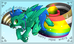 Size: 2500x1500 | Tagged: safe, artist:starcasteclipse, oc, oc only, oc:sky splash, hippogriff, beak, beak hold, commission, flag, jewelry, looking back, necklace, pride flag, solo, talons, text, wings, ych result