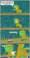Size: 1519x2942 | Tagged: safe, artist:mrkm, oc, oc:hard sprocket, pony, unicorn, comic:synthesis, colt, comic, cutiespark, exclamation point, eyes closed, foal, glowing, glowing horn, horn, laughing, locomotive, magic, male, notebook, open mouth, open smile, rearing, running, smiling, solo, speech bubble, telekinesis, train, unicorn oc, unshorn fetlocks