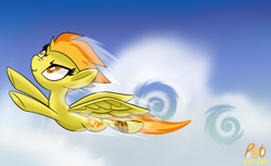 Size: 2500x1532 | Tagged: safe, artist:notadeliciouspotato, spitfire, pegasus, pony, g4, bandage, cloud, contrail, female, flying, mare, sky, smiling, solo