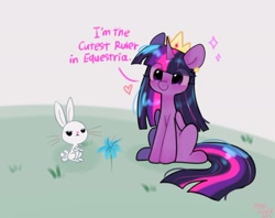 Size: 2048x1623 | Tagged: safe, artist:petaltwinkle, angel bunny, twilight sparkle, alicorn, pony, rabbit, g4, angel bunny is not amused, animal, crossed arms, crown, cute, duo, ear piercing, earring, female, floating heart, flower, gray background, heart, jewelry, male, mare, piercing, poison joke, regalia, signature, simple background, sitting, smiling, sparkles, text, twiabetes, twilight sparkle (alicorn), unamused