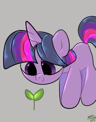 Size: 1074x1368 | Tagged: safe, artist:petaltwinkle, twilight sparkle, pony, unicorn, g4, blank flank, cute, female, filly, filly twilight sparkle, gray background, looking at something, plant, signature, simple background, smiling, solo, twiabetes, unicorn twilight, younger