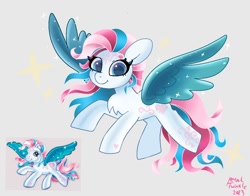 Size: 1368x1074 | Tagged: safe, artist:petaltwinkle, star catcher, pegasus, pony, g3, chest fluff, colored pupils, female, flying, gray background, mare, signature, simple background, smiling, solo, spread wings, starry wings, wings
