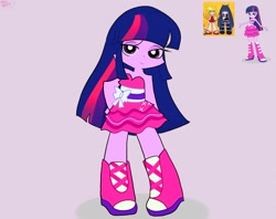 Size: 2048x1623 | Tagged: safe, artist:petaltwinkle, twilight sparkle, angel, human, equestria girls, g4, anarchy panty, anarchy stocking, anime, bare shoulders, boots, chuck (panty and stocking with garterbelt), clothes, dress, fall formal outfits, female, hand on hip, legs, panty and stocking with garterbelt, purple background, shoes, simple background, skirt, sleeveless, sleeveless dress, solo, strapless, strapless dress, style emulation