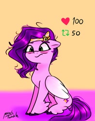 Size: 804x1024 | Tagged: safe, artist:petaltwinkle, pipp petals, pegasus, pony, g5, bags under eyes, concave belly, female, folded wings, hoof fluff, mare, messy mane, orange background, signature, simple background, sitting, skinny pipp, slender, solo, thin, unshorn fetlocks, wings