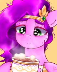 Size: 1623x2048 | Tagged: safe, artist:petaltwinkle, pipp petals, pegasus, pony, g5, bust, chocolate, drink, female, food, hoof hold, hot chocolate, mare, mug, orange background, simple background, smiling, solo, teary eyes, tired eyes