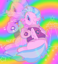 Size: 1440x1585 | Tagged: safe, artist:ariariari.png, silverstream, hippogriff, g4, clothes, female, jacket, looking at you, rainbow background, scene interpretation, smiling, solo, varsity jacket