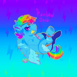 Size: 1440x1440 | Tagged: safe, artist:ariariari.png, rainbow dash, pegasus, pony, g4, bracelet, ear piercing, friendship bracelet, gradient background, grin, headband, jewelry, piercing, redesign, smiling, solo