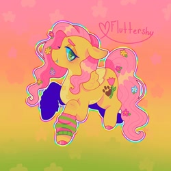 Size: 1440x1440 | Tagged: safe, artist:ariariari.png, fluttershy, pegasus, pony, g4, alternate cutie mark, clothes, fangs, flower, flower in hair, gradient background, leg warmers, redesign, solo
