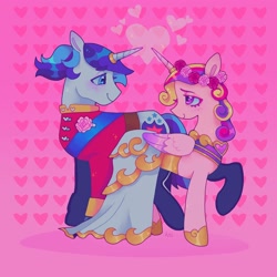 Size: 1440x1440 | Tagged: safe, artist:ariariari.png, princess cadance, shining armor, alicorn, pony, unicorn, g4, blushing, clothes, dress, duo, female, heart, heart eyes, horn, horn ring, jewelry, looking at each other, looking at someone, male, ring, ship:shiningcadance, shipping, stallion, straight, wedding dress, wedding ring, wedding suit, wingding eyes