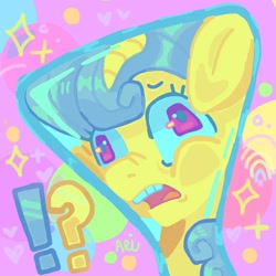 Size: 1000x1000 | Tagged: safe, artist:ariariari.png, lemon hearts, pony, unicorn, g4, exclamation point, flask, flaskhead hearts, interrobang, question mark, solo, squished
