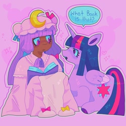 Size: 1440x1440 | Tagged: safe, artist:ariariari.png, twilight sparkle, alicorn, human, pony, g4, book, clothes, crossover, dark skin, duo, female, hat, mare, nightcap, nightgown, patchouli knowledge, speech bubble, touhou, twichouli, twilight sparkle (alicorn)