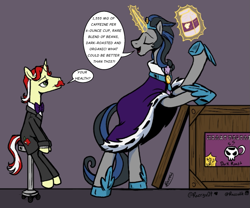 Size: 1305x1084 | Tagged: safe, artist:razzy, flam, king sombra, pony, unicorn, g4, clothes, coffee, couple, crack shipping, duo, facial hair, flambra, gay, good king sombra, height difference, jewelry, magic, magic aura, male, mirror universe, moustache, regalia, shipping, silly, stallion, talking