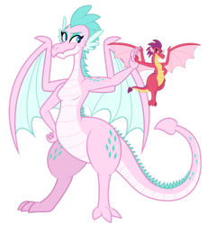 Size: 1280x1391 | Tagged: safe, artist:aleximusprime, part of a set, oc, oc only, oc:barb the dragon, oc:queen chara, dragon, flurry heart's story, breasts, dragon oc, dragoness, duo, duo female, female, flying, high five, lizard breasts, looking at each other, looking at someone, mother and child, mother and daughter, mother's day, non-pony oc, simple background, size difference, spike's family, spike's mother, spike's sister, spikes, spread wings, transparent background, wide hips, wings