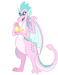 Size: 1280x1657 | Tagged: safe, artist:aleximusprime, part of a set, oc, oc only, oc:buttercream the dragon, oc:queen chara, dragon, flurry heart's story, breasts, dragon oc, dragoness, duo, duo female, fat, female, holding a dragon, in goliath's palm, lizard breasts, looking at each other, looking at someone, mother and child, mother and daughter, mother's day, non-pony oc, one eye closed, open mouth, simple background, size difference, spike's family, spike's mother, spike's sister, spikes, transparent background, wide hips