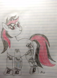 Size: 2416x3264 | Tagged: safe, artist:twiny dust, derpibooru exclusive, oc, oc:blackjack, cyborg, pony, unicorn, fallout equestria, fallout equestria: project horizons, colored, colored pencil drawing, cyber eyes, cyber legs, fanfic art, female, high res, horn, lined paper, pencil drawing, small horn, smiling, solo, traditional art