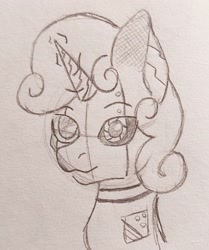 Size: 1440x1721 | Tagged: safe, artist:chacarron, sweetie belle, pony, robot, robot pony, unicorn, g4, bust, monochrome, sketch, solo, sweetie bot, traditional art