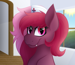 Size: 3466x3005 | Tagged: safe, artist:feather_bloom, oc, oc:nurse bleedingheart, bat pony, pony, bat pony oc, bust, commission, detailed background, fangs, hat, high res, nurse hat, shading, solo